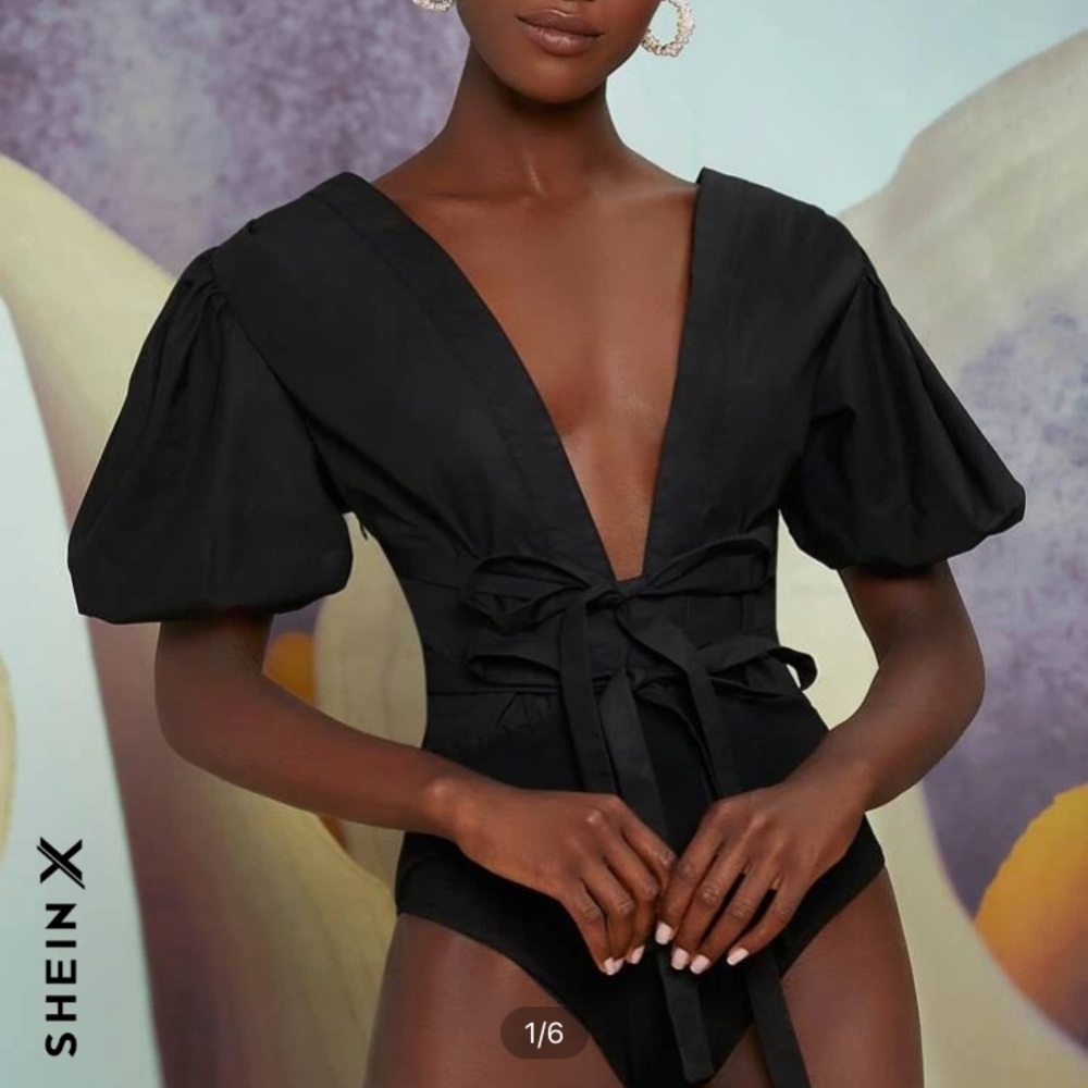 Shein black puff sleeve body suit sz L NWT